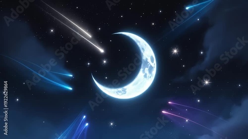 Crescent moon surrounded by shooting stars and stars in a night sky