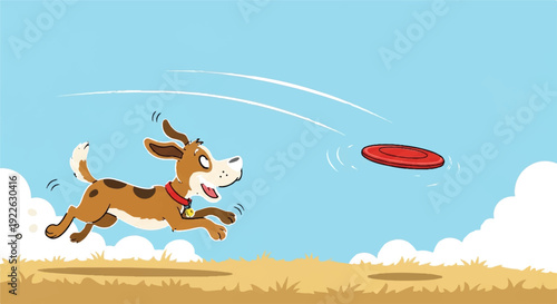 Brown dog jumping to catch red frisbee in air on sunny day with blue sky and white clouds