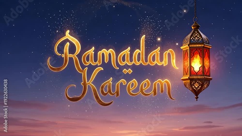Elegant Ramadan Kareem greeting with a lantern against a starry night sky