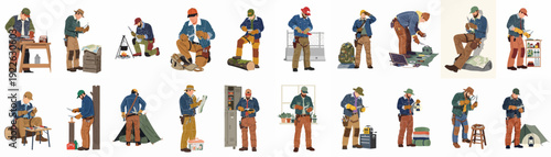 Illustrations of Men Sharpening Knives, Preparing Tools, and Practicing Outdoor and Survival Skills