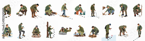 Wildlife Tracking and Environmental Research: Illustrative Collection of Naturalists Examining Animal Footprints and Signs in Diverse Outdoor Habitats