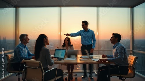 Diverse business team having a meeting at sunset in a skyscraper conference room