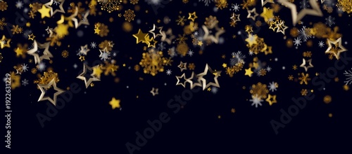 Abstract and elegant Christmas or New Year background featuring gold stars and snowflakes on a dark blue backdrop. Perfe