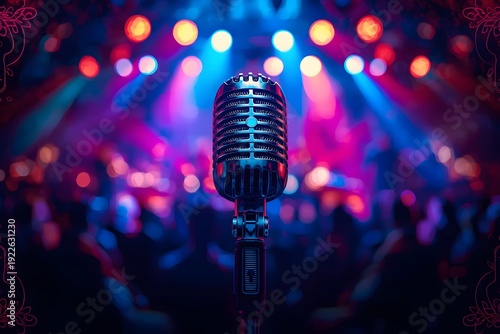 Microphone on stage close-up. Mike over colorful lights background.