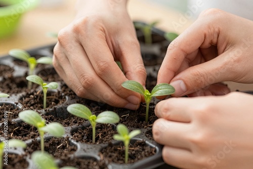 A pair of hands carefully tend to small green plants in a black seedling tray