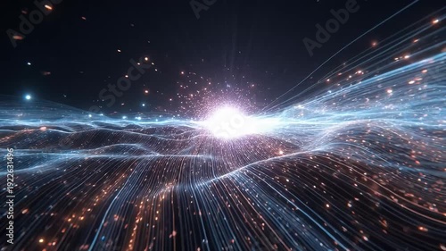 Abstract landscape with illuminated data streams and glowing particles creating depth