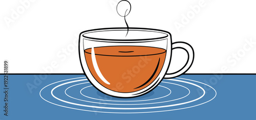 A simple cartoon illustration of a clear glass teacup with double walls containing orange-colored tea, placed on a circular blue saucer.