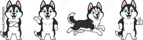 Husky dog cartoon character icons with expressive poses for pet lifestyle and mascot branding theme - vector illustration set