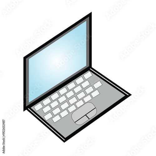 Isometric Laptop Illustration with Blue Glowing Screen, Keyboard, and Trackpad. Modern Digital Device for Technology Concepts.