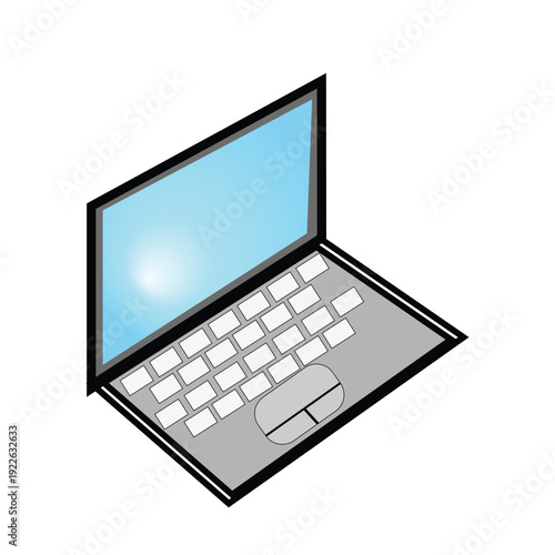 Isometric Laptop Illustration with Blue Glowing Screen, Keyboard, and Trackpad. Modern Digital Device for Technology Concepts.