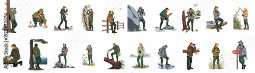 Outdoor enthusiasts birdwatching, hiking, and exploring nature with binoculars, cameras, and maps, depicting various wilderness observation activities.