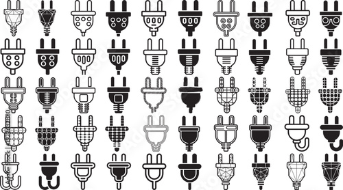 black and white illustration of various electrical plugs and light bulbs