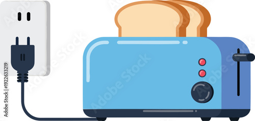 A simple illustration of a blue toaster with two slices of light brown bread in the slots.