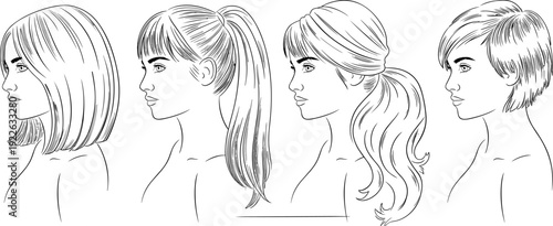 Hand drawn line art collection of four female profiles featuring different hairstyles including ponytail bob and pixie cut for beauty branding