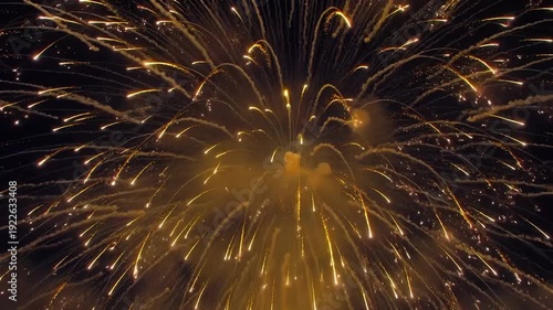 Spectacular golden fireworks burst in the night sky creating a mesmerizing display