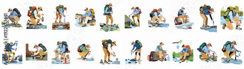 Outdoor adventurers purifying water with portable filters from natural sources in diverse wilderness settings.