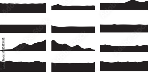 Collection of black torn paper edges and mountain silhouettes