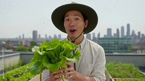 Enthusiastic Gardener Holding Lettuce in a Rooftop Urban Garden Setting