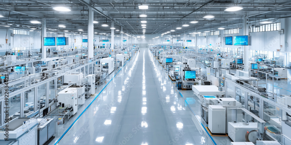 Fototapeta premium Industrial economic stimulus and recovery strategies global manufacturing facility aerial view modern technology environment