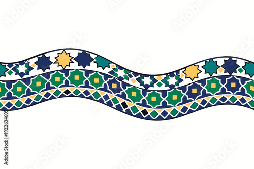 wavy islamic geometric pattern border in blue and green