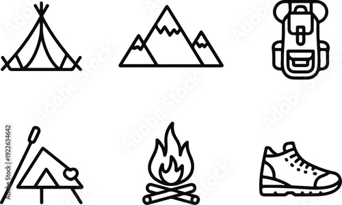 Camping Icons Set Vector Illustration with Trees Mountains Sun and Travel Symbols