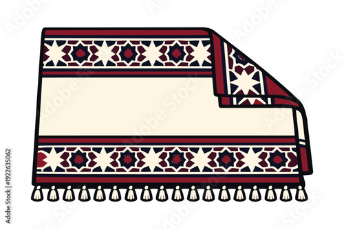 islamic prayer rug with geometric pattern and tassels