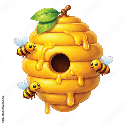 Cute Honey Beehive with Dripping Golden Honey and Cartoon Bees