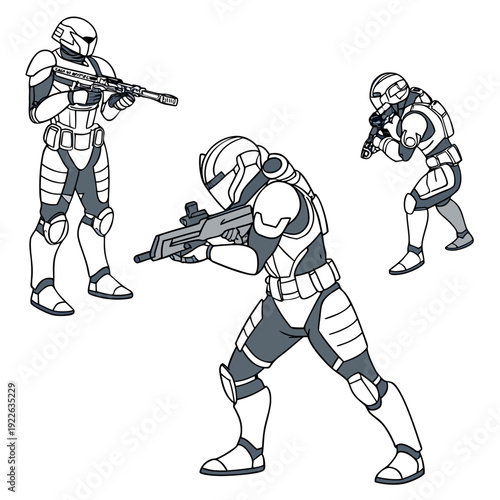 Futuristic Armored Soldiers in Action Poses with Rifles, Sci-Fi Military Personnel with Tactical Gear, Grayscale Vector Illustration for Gaming and Combat Concepts