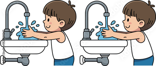 A simple cartoon illustration of a young boy washing his hands at a white porcelain sink