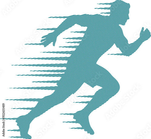 Teal runner silhouette with motion lines running speed