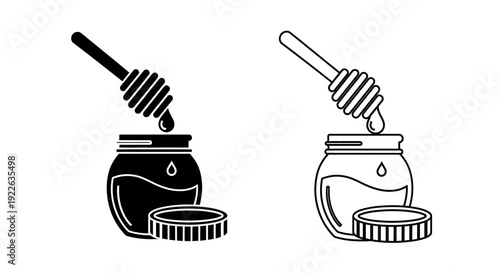 Honey jar with dipper and honey jar with lid illustration Vector