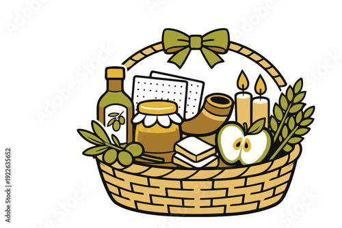 jewish holiday basket with apple,shofar,candles