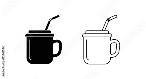 Two mugs with straws, black and white, minimalist design, drinkware, beverage Vector
