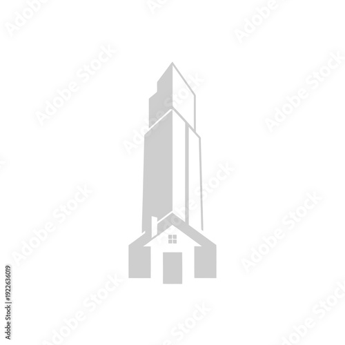 Modern skyscraper tower combined with a house icon, symbolizing real estate, property development, and urban residential planning on an isolated white background.