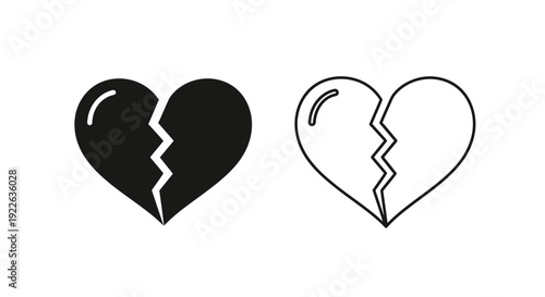 Broken heart love symbols, black and white heart split in half, romance concept Vector