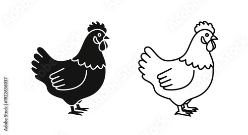 Two black and white chickens standing on white background, vector illustration Vector