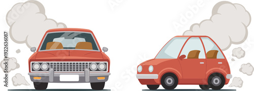 A simple illustration showing two cars with smoke coming from their exhaust pipes against a white background.