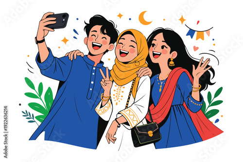diverse friends celebrating ramadan with selfie