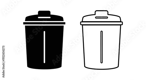 Black and white trash can icons, waste bin symbols, garbage container designs Vector