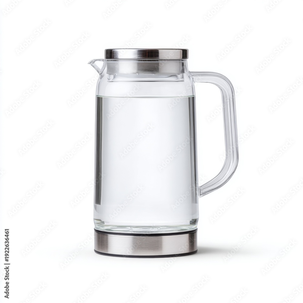 Obraz premium Transparent glass pitcher with water, modern design, stainless steel accents, perfect for dining and kitchen settings