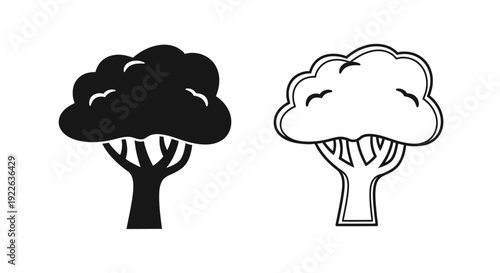 Two black and white tree illustrations with different leaf densities and trunk styles. Vector