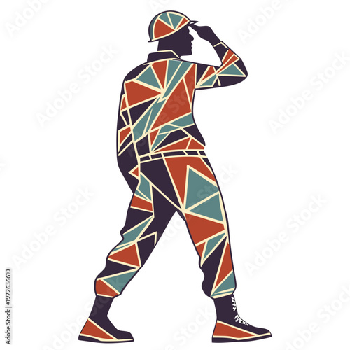 Abstract Geometric Pattern Soldier Saluting and Walking, Artistic Military Concept, Colorful Modern Army Personnel Silhouette Vector