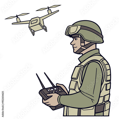 Smiling Soldier Operating a Military Drone, Modern Warfare and Surveillance Technology, UAV Operator in Tactical Gear Vector Illustration