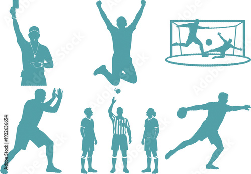 Teal striped sports silhouettes of athletes and referee