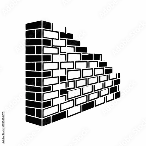 Incomplete brick wall construction black and white illustration.