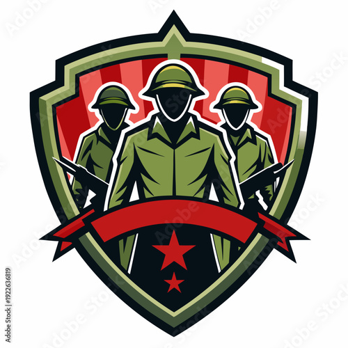 Military team emblem with three soldiers in silhouette, holding rifles, inside a shield with red stars and a banner.