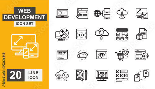 Web development icon set. Website, coding, security, network, programing, optimization and more line icon.