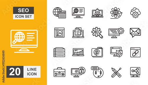 SEO icon set. Target, goal, optimization, analysis, website and more line icon.