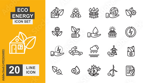 Eco energy icon set. Renewable, solar, technology recycling, sun, power and more line icon.