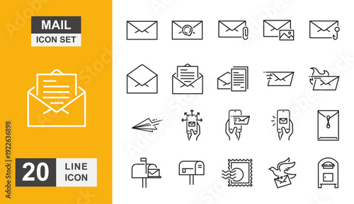 Mail icon set. Message, post, chat, send, address, postal and more line icon.